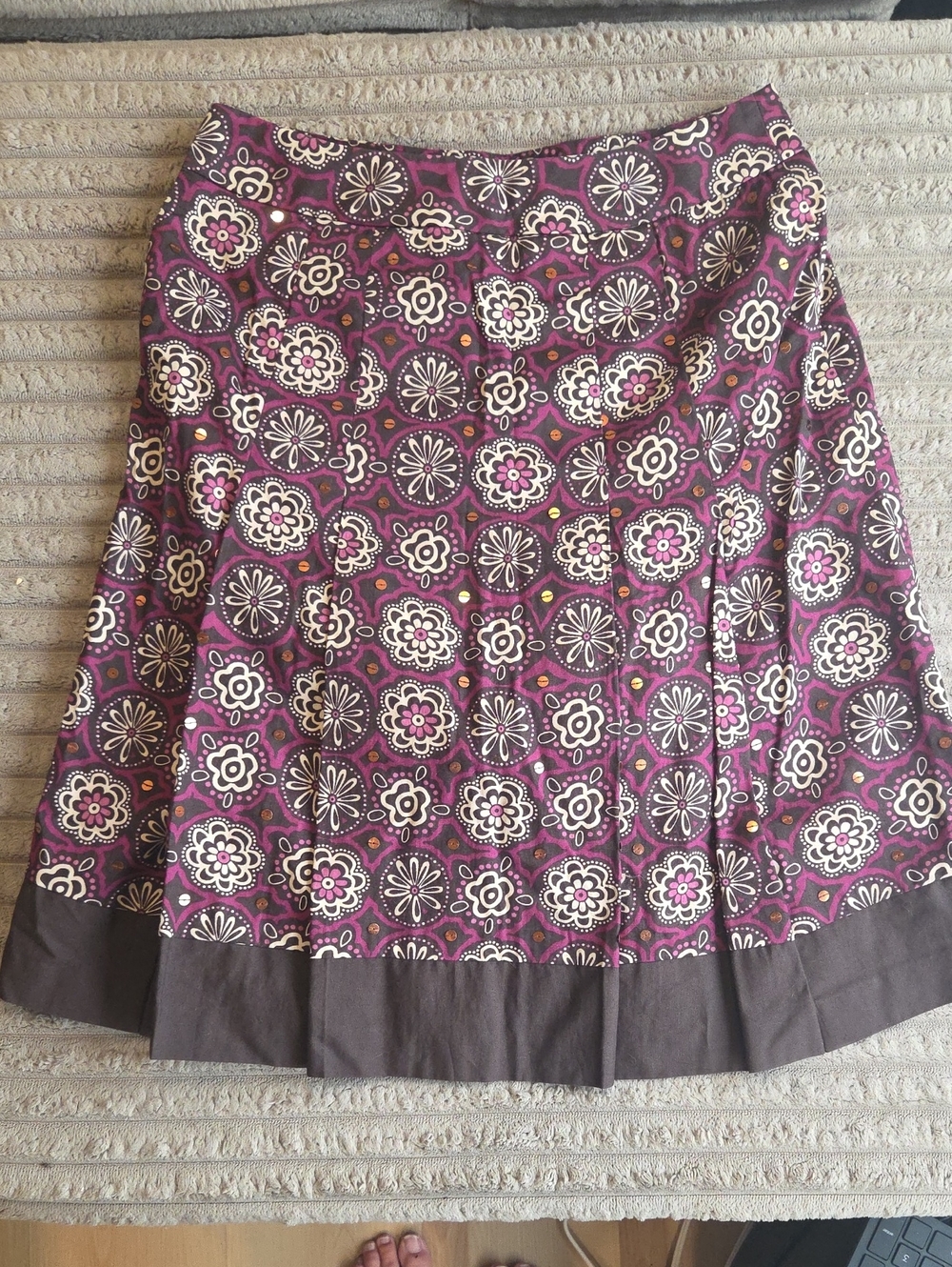 LOFT Purple Floral A-Line Skirt with Brown Hem